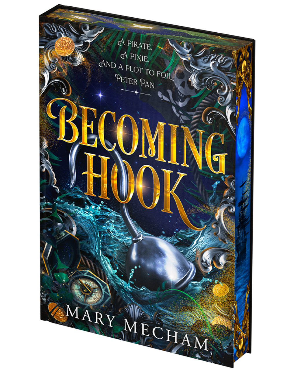 Book cover of 'Becoming Hook' by Mary Mecham with decorative elements and text.