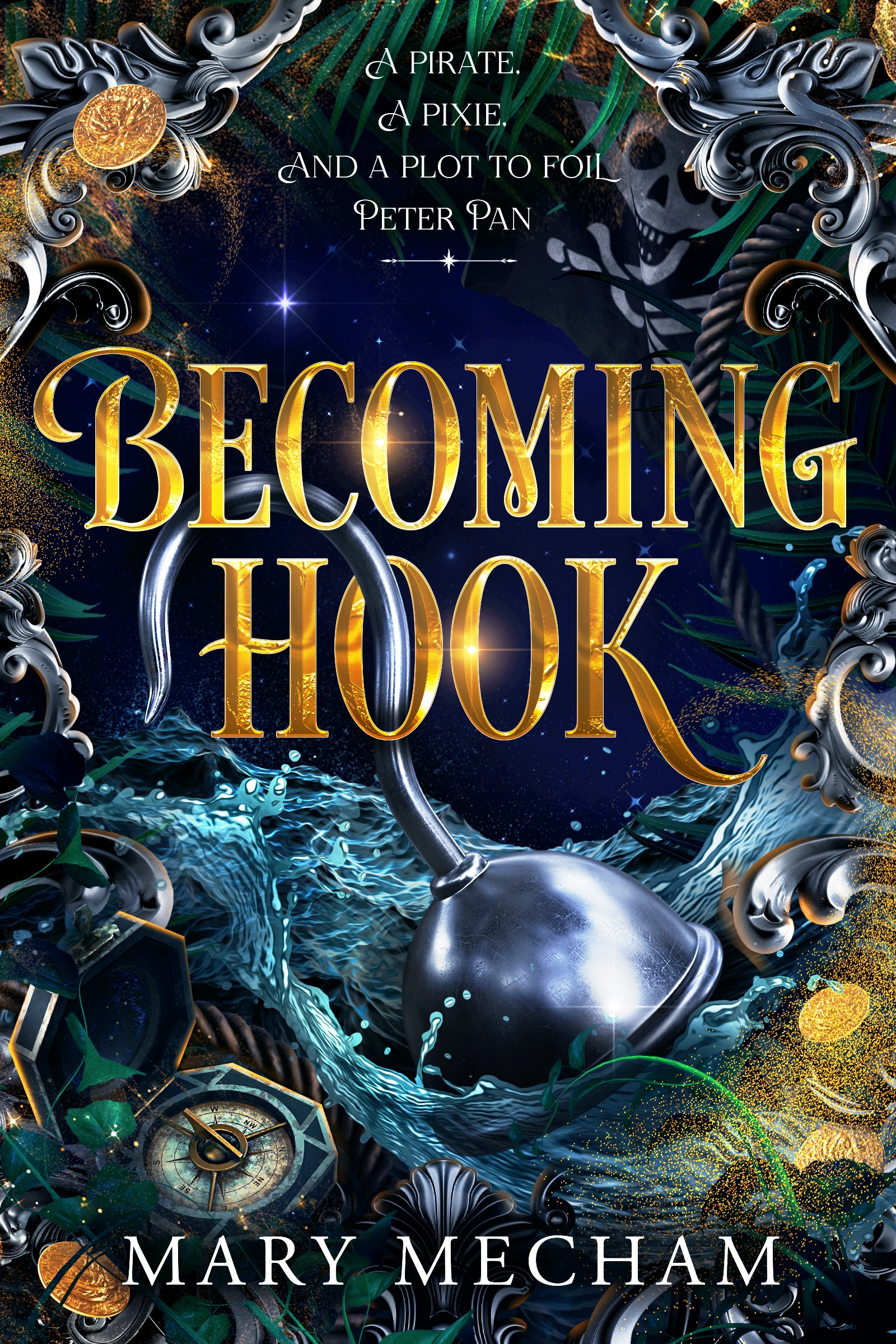 Book cover of 'Becoming Hook' by Mary Mecham with pirate-themed design elements.