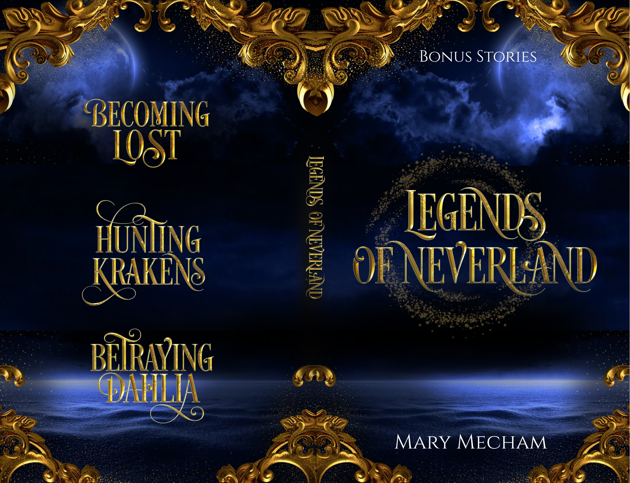 Book cover with gold text and decorative elements on a dark blue background