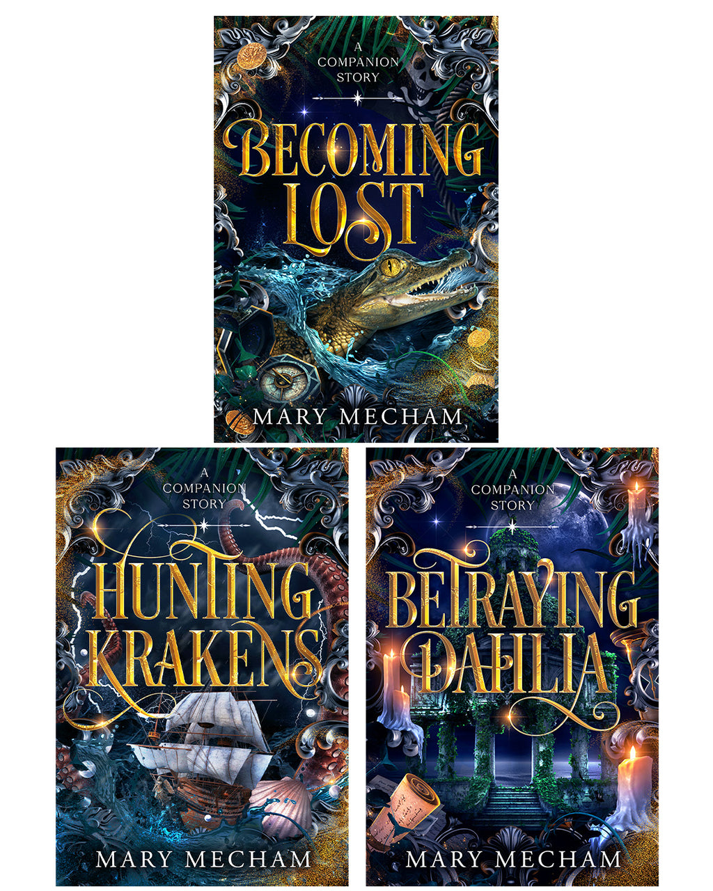 Three book covers of 'Becoming Lost', 'Hunting Krakens', and 'Betraying Dahlia' by Mary Mecham on a white background.