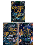 Three book covers of 'Becoming Lost', 'Hunting Krakens', and 'Betraying Dahlia' by Mary Mecham on a white background.