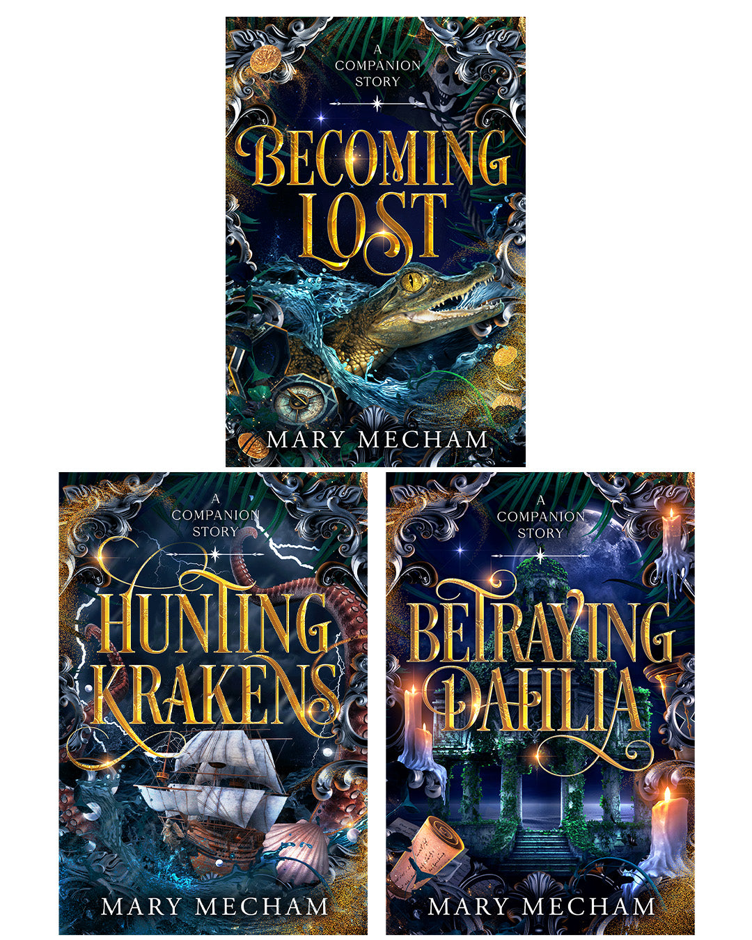 Three book covers of 'Becoming Lost', 'Hunting Krakens', and 'Betraying Dahlia' by Mary Mecham on a white background.