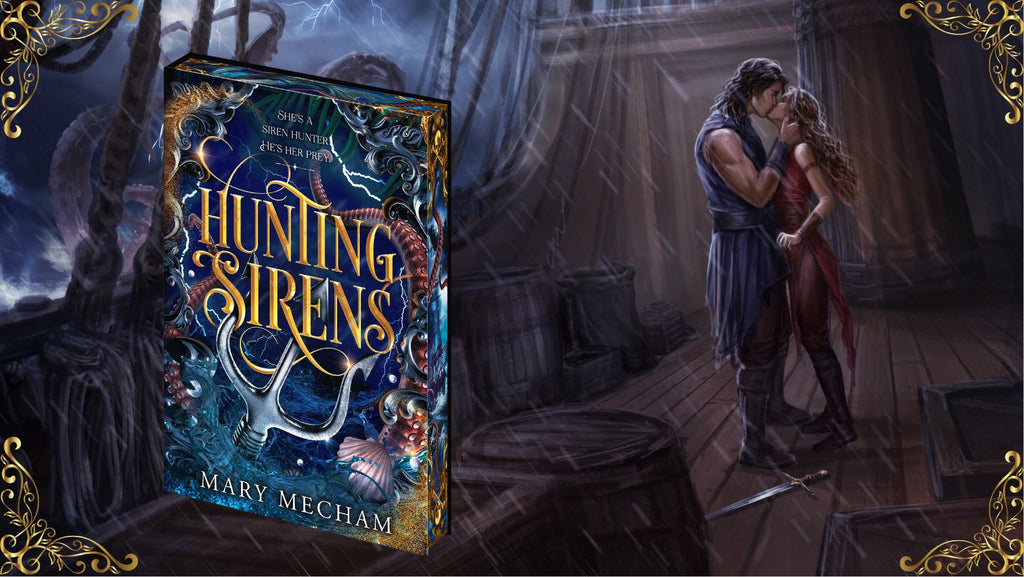 Book cover of 'Hunting Sirens' by Mary Mecham with a romantic scene in the background
