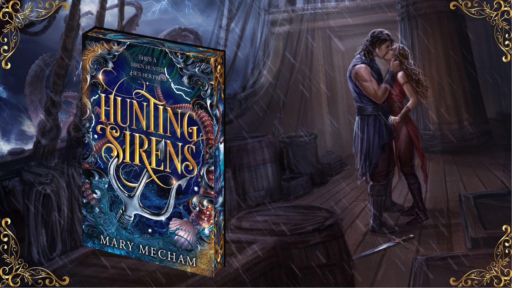 Book cover of 'Hunting Sirens' by Mary Mecham with a romantic scene in the background