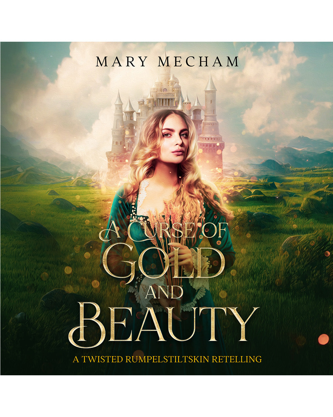 Book cover of 'A Curse of Gold and Beauty' by Mary Mecham with a woman in a green dress and castle in the background.