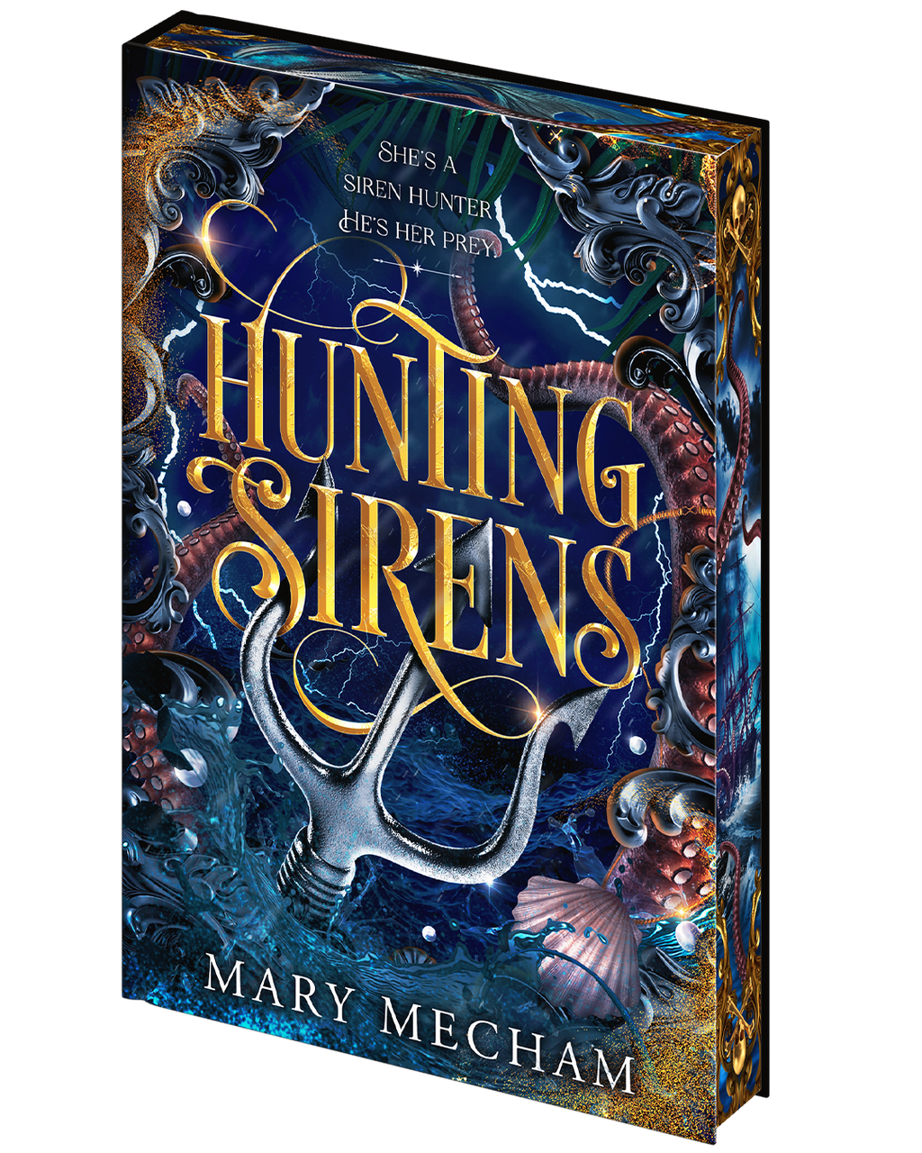Book cover of 'Hunting Sirens' by Mary Mecham with mystical design elements.