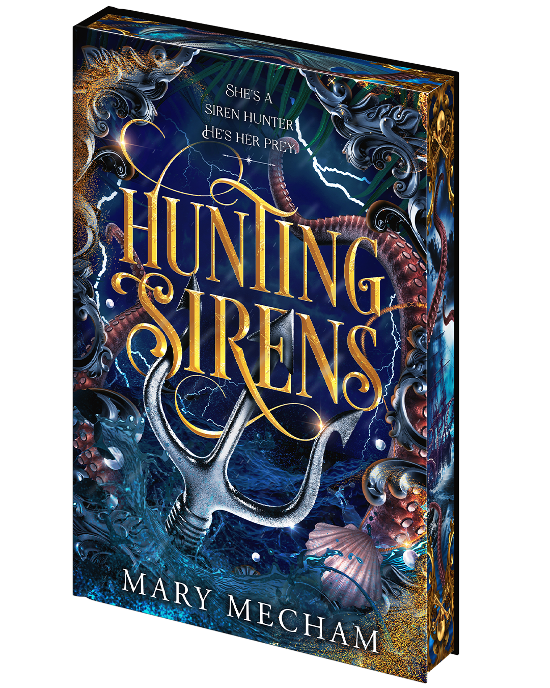 Book cover of 'Hunting Sirens' by Mary Mecham with mystical design elements.