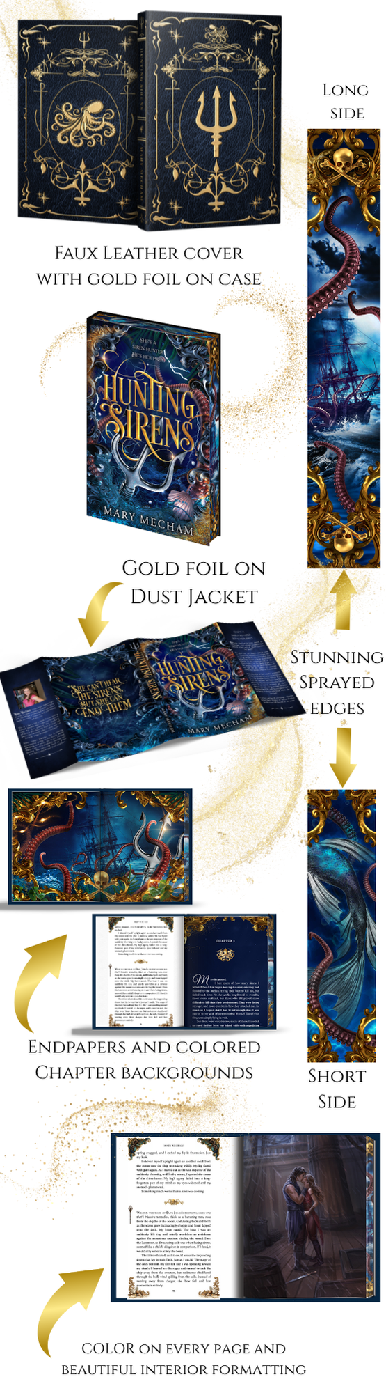 Detailed view of a book with gold foil on a dust jacket, endpapers, and chapter backgrounds.
