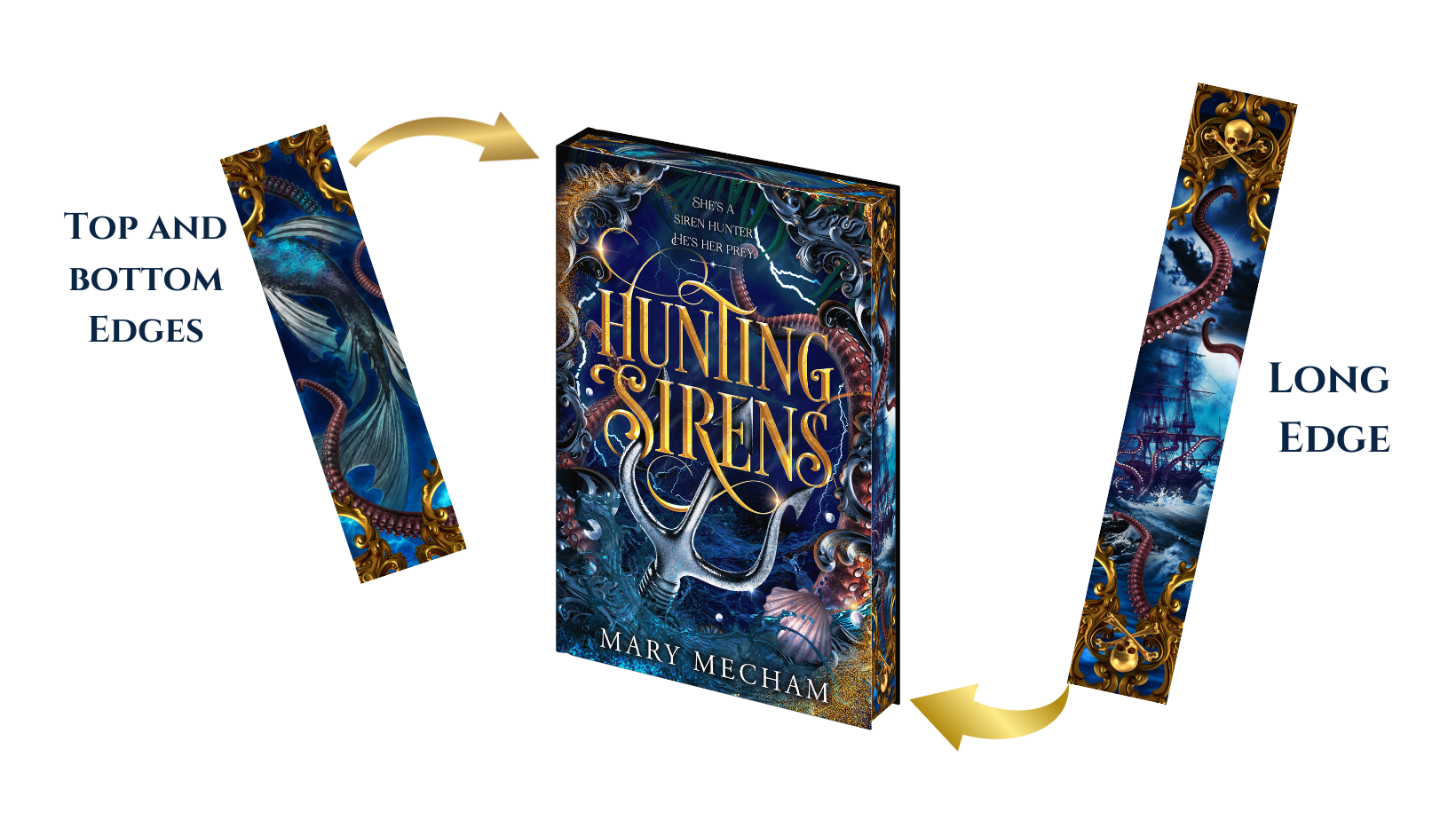 Book titled 'Hunting Sirens' by Mary Meacham with decorative elements on a white background