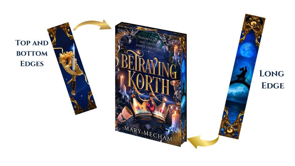 Book titled 'Betraying Korth' by Mary Meacham with decorative bookmarks on a white background.