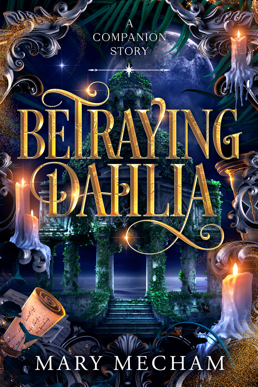 Book cover of 'Betraying Daphilia' with decorative elements and candles.