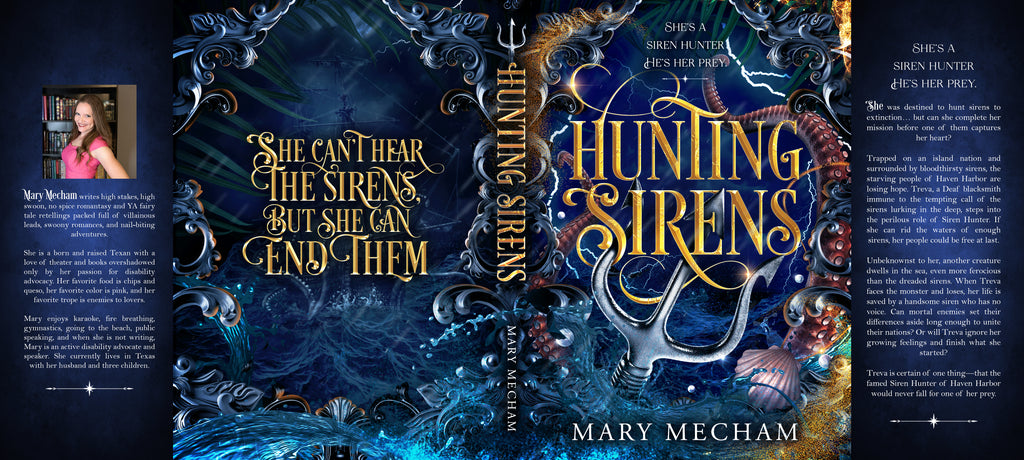 Book cover of 'Hunting Sirens' by Mary Mecham with decorative elements and text.