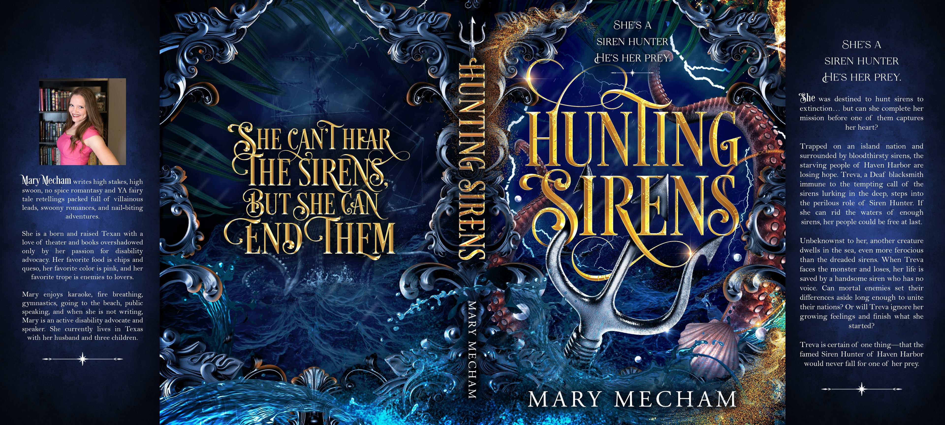 Book cover of 'Hunting Sirens' by Mary Mecham with decorative elements and text.