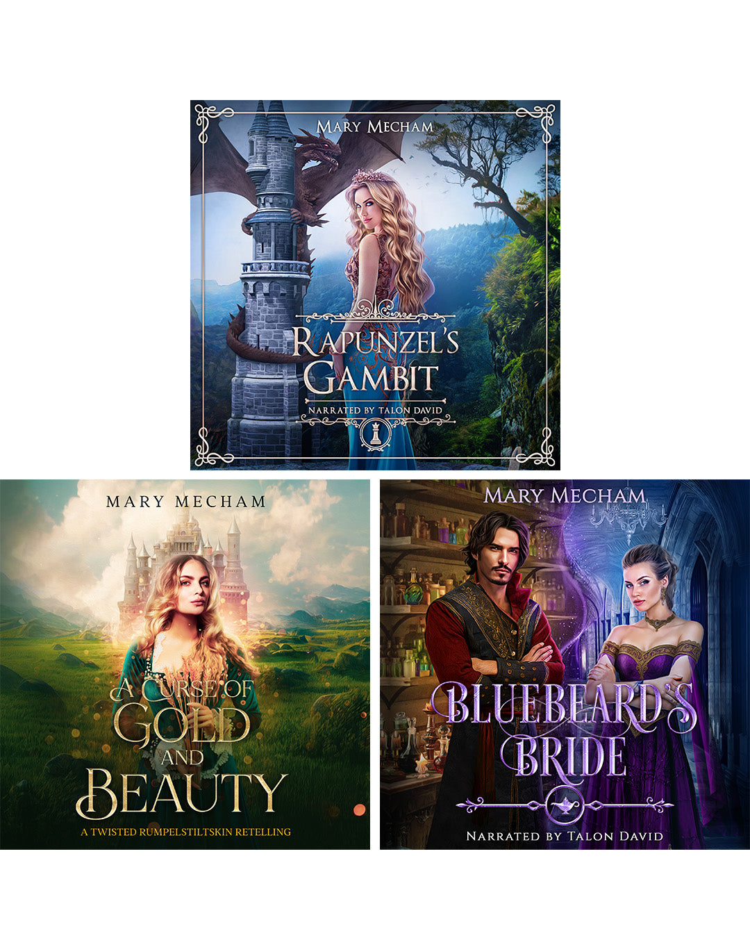 Three book covers of Mary Mecham's fantasy novels on a white background