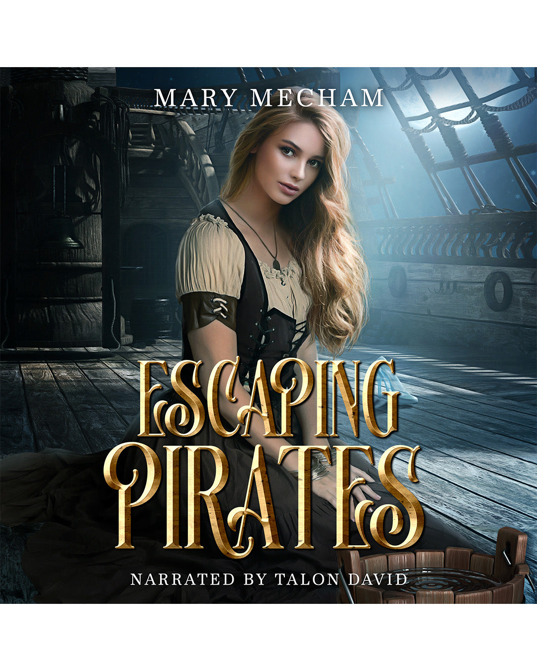 Book cover of 'Escaping Pirates' by Mary Mecham with a woman in a pirate-themed setting.